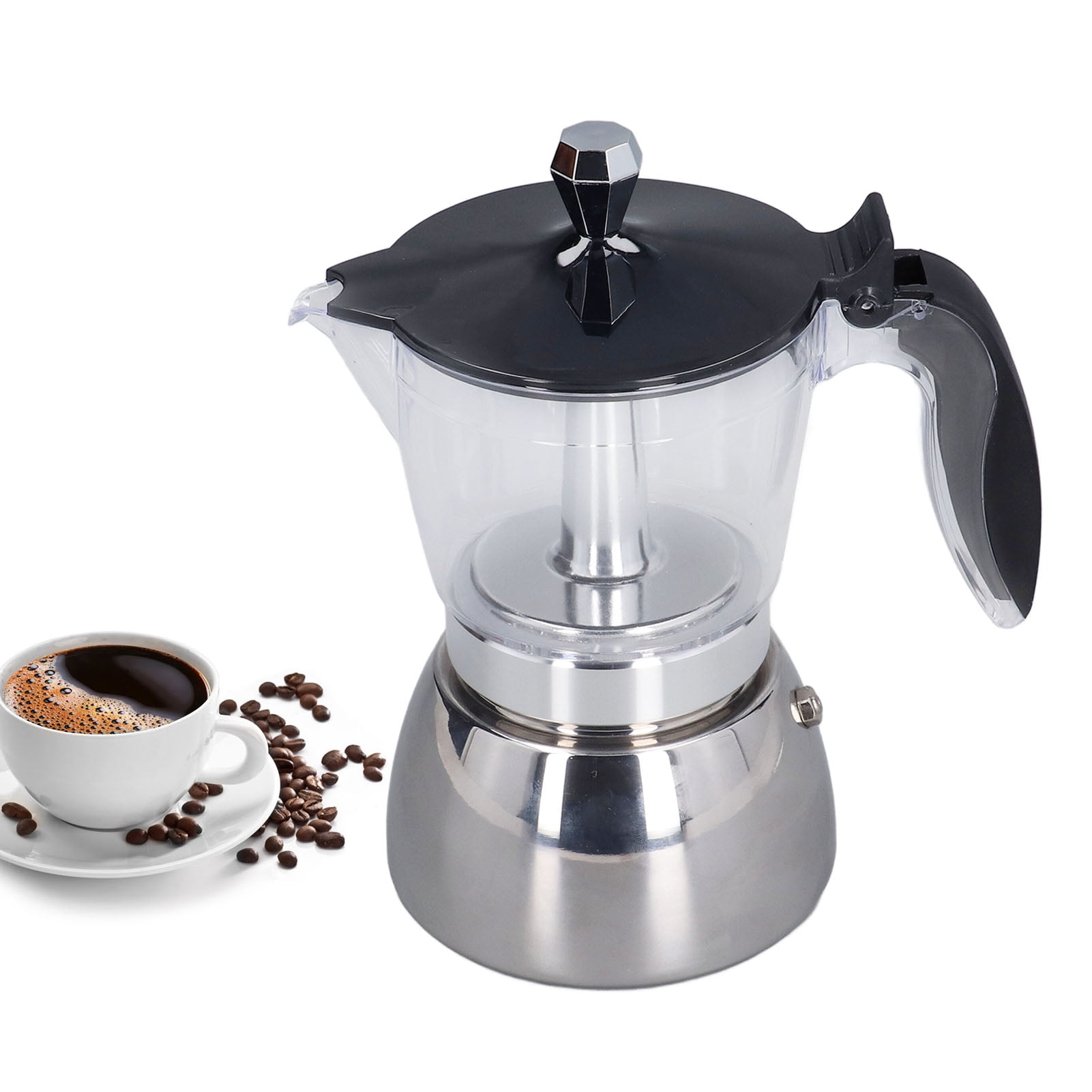 Stovetop Coffee Maker 6 Cup Moka Pot with Clear ABS Top, Stainless Steel Coffee Making Pot, Durable, Even Heat Distribution, Enhances Flavor and Aroma, Portable, for Home Office, Travel, Perfect Gift