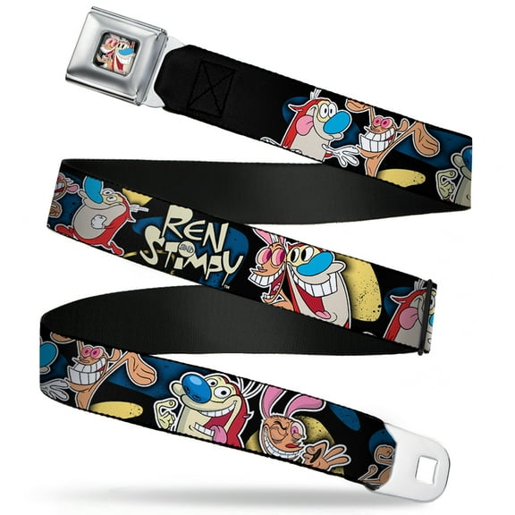 Nickelodeon Belt, Seatbelt Buckle Belt, Ren Stimpy Poses Black Blue Yellow, 30 to 44 Inches