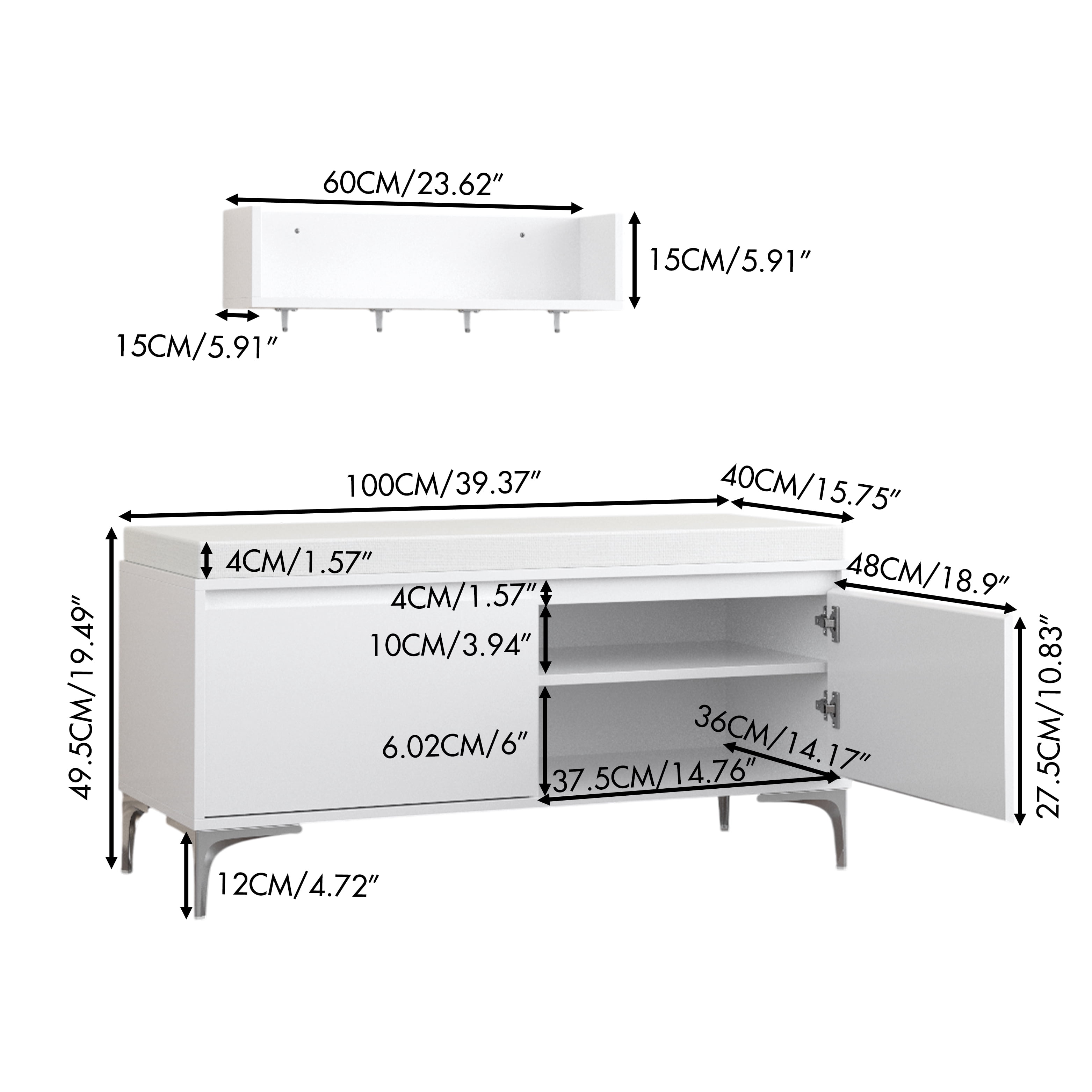 Wall-Mounted Entryway Shelf with Hooks and Storage Bench Set, Off White Metal & Wood Shoe Cabinet with Cushion