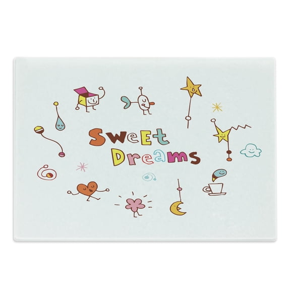 Saying Cutting Board, Doodle Stars Box Crescent Moon Heart and Toys Colorful Sleep Themed Image, Decorative Tempered Glass Cutting and Serving Board, Large Size, Multicolor, by Ambesonne
