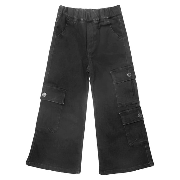 KIDSCOOL SPACE 7-Pocket Girls Wide-leg Stretch Denim Pants, 5-14T Ribbed Elastic Waist with D-ring Cargo Jeans,Black,13-14 Years