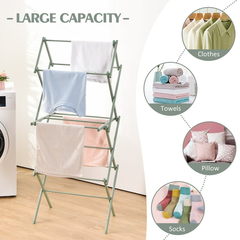 KINGRACK Clothes Drying Rack, 3-Tier Folding Indoor Laundry Drying Rack with Wheels 4 Hooks, Metal, White, Size: 26.18 x 1.38 x 28.15