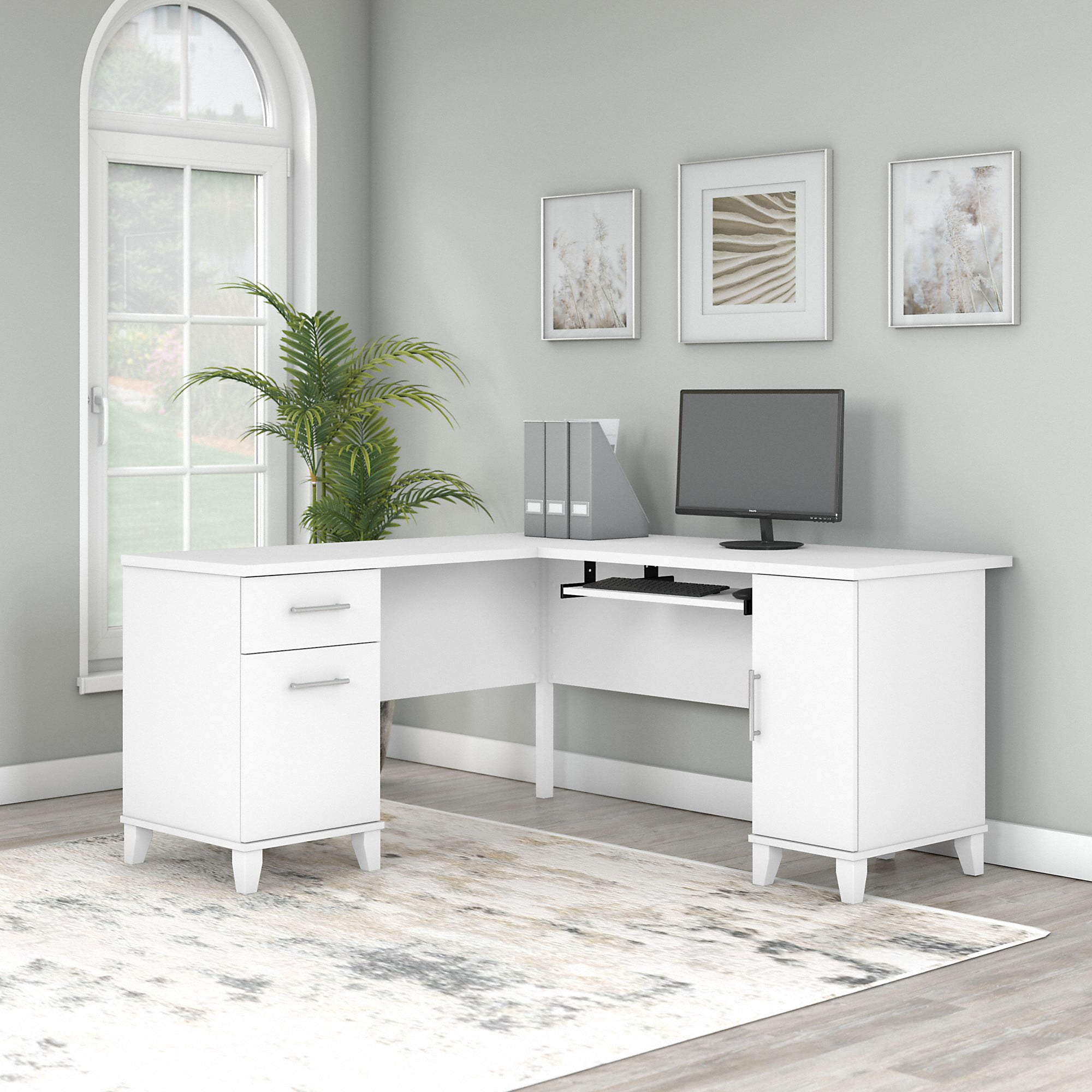 Bush Furniture Somerset 60" L Shaped Desk with Storage, White