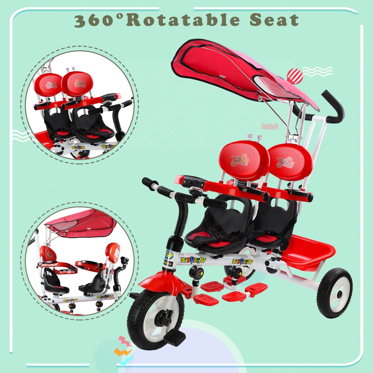 Costzon 4 in 1 Twins Kids Trike Baby Toddler Tricycle Safety Double Rotatable Seat w//Basket Tandem Tricycle, Green