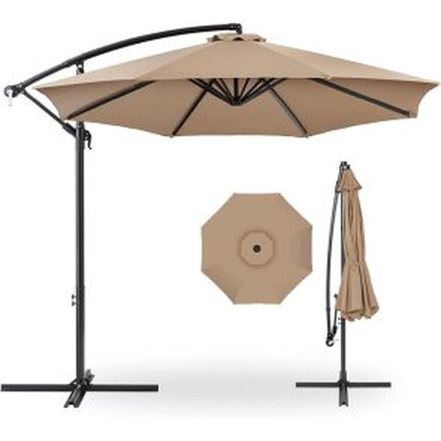 Parasol Déporté de 10 Pi pour Patio avec Base en Croix et Manivelle, Rotation à 360 Degrés Inclinaison Infinie, Résistant aux UV Ombrage Extérieur pour Terrasse Piscine Jardin Cour Arrière, Bleu Marine/rouge/gris/beige/beige