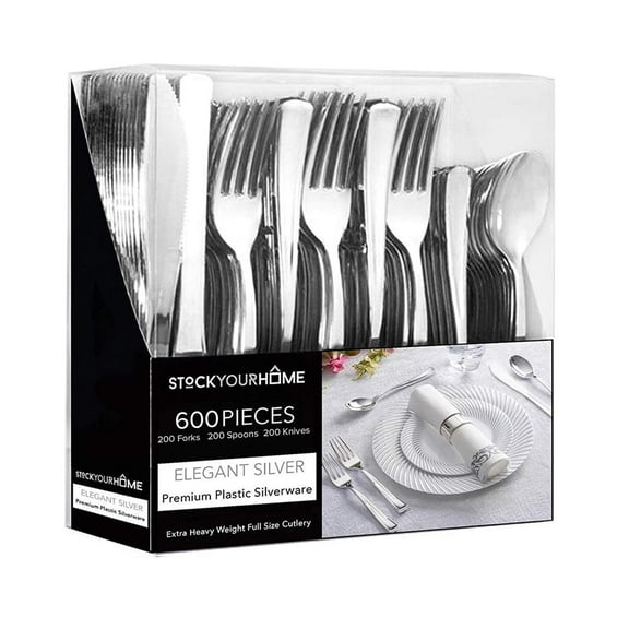 Silver Plastic Silverware Set (600-Pack) – Disposable Heavy Duty Cutlery, 200 Forks, 200 Knives, 200 Spoons for Parties, Weddings, Dinners & Holidays