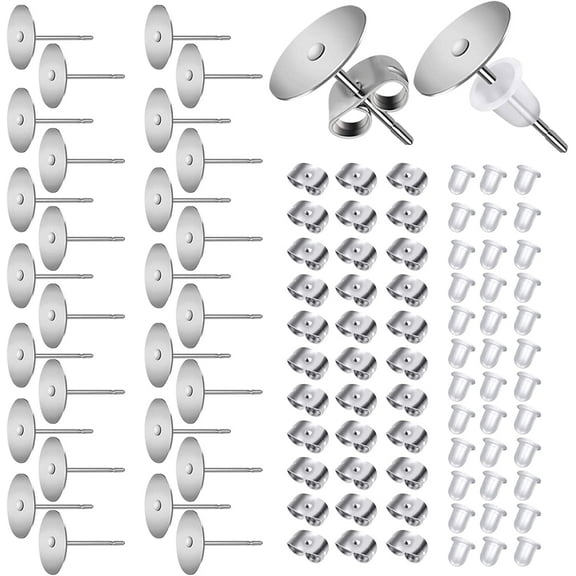 300pcs Earring Posts and Backs Hypoallergenic Stainless Steel Earring Posts 10mm Silver Flat Pad Earring Studs for Jewelry Making with Rubber Earring Backs and Butterfly Earring Backs