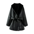 thumbnail image 3 of Women Faux Leather Jacket with Faux Fur Collar, Winter Long Sleeve Furry Trim Peplum Parka Coat with Belt Black L, 3 of 7