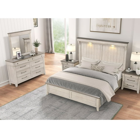 Roundhill Furniture Walcott 5-Piece Bedroom Set with Touch LED Lighting, Weathered Dusty-taupe Finish, King