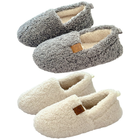 VEGCOO 2-Pack Women’s Memory Foam Plush Slippers, Non-Slip Indoor/Outdoor House Shoes, Warm Fleece-Lined, Grey   Beige (US 11-12)