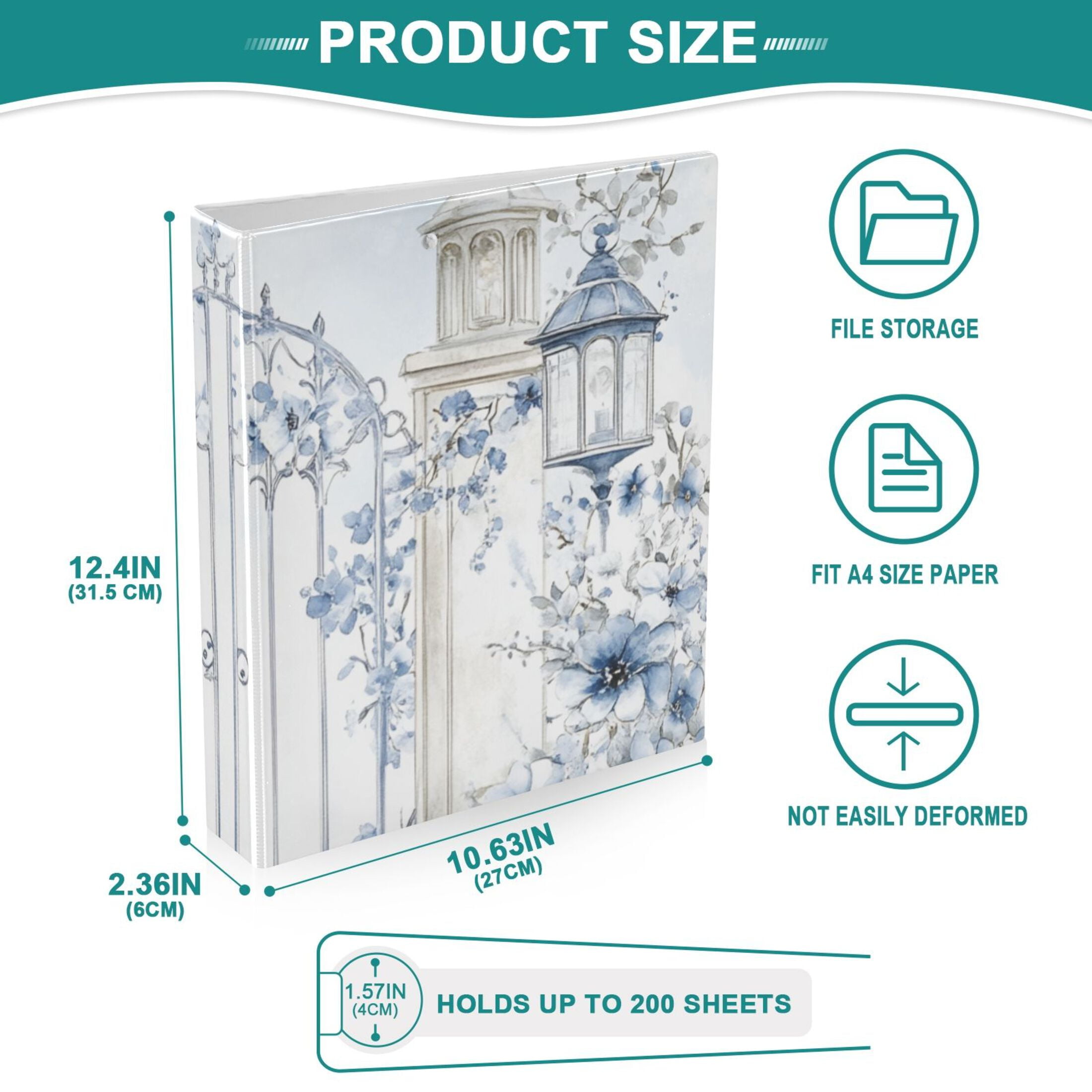 Blue Floral Gate Flowers Birds 3 Ring Binders 1.5 inch Hardcover File Folders with Interior Pockets A4 Size Organizer for School Office Hospital Set of 2