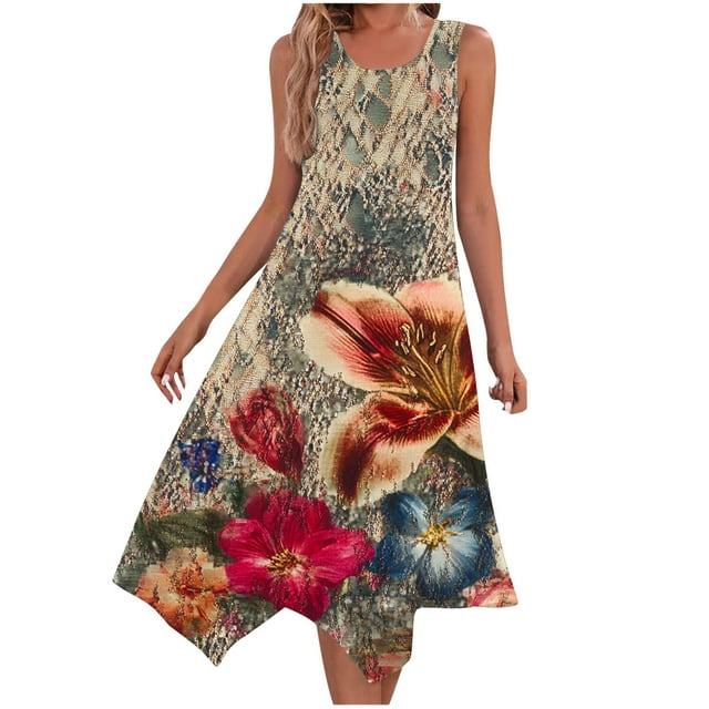 Staron Womens Summer Dresses Clearance Under $10 Boho Loose Flowy Sleeveless Summer Spring Dresses with Pocket Irregular Hem Round Neck 2025 Vacation Tank Dress L