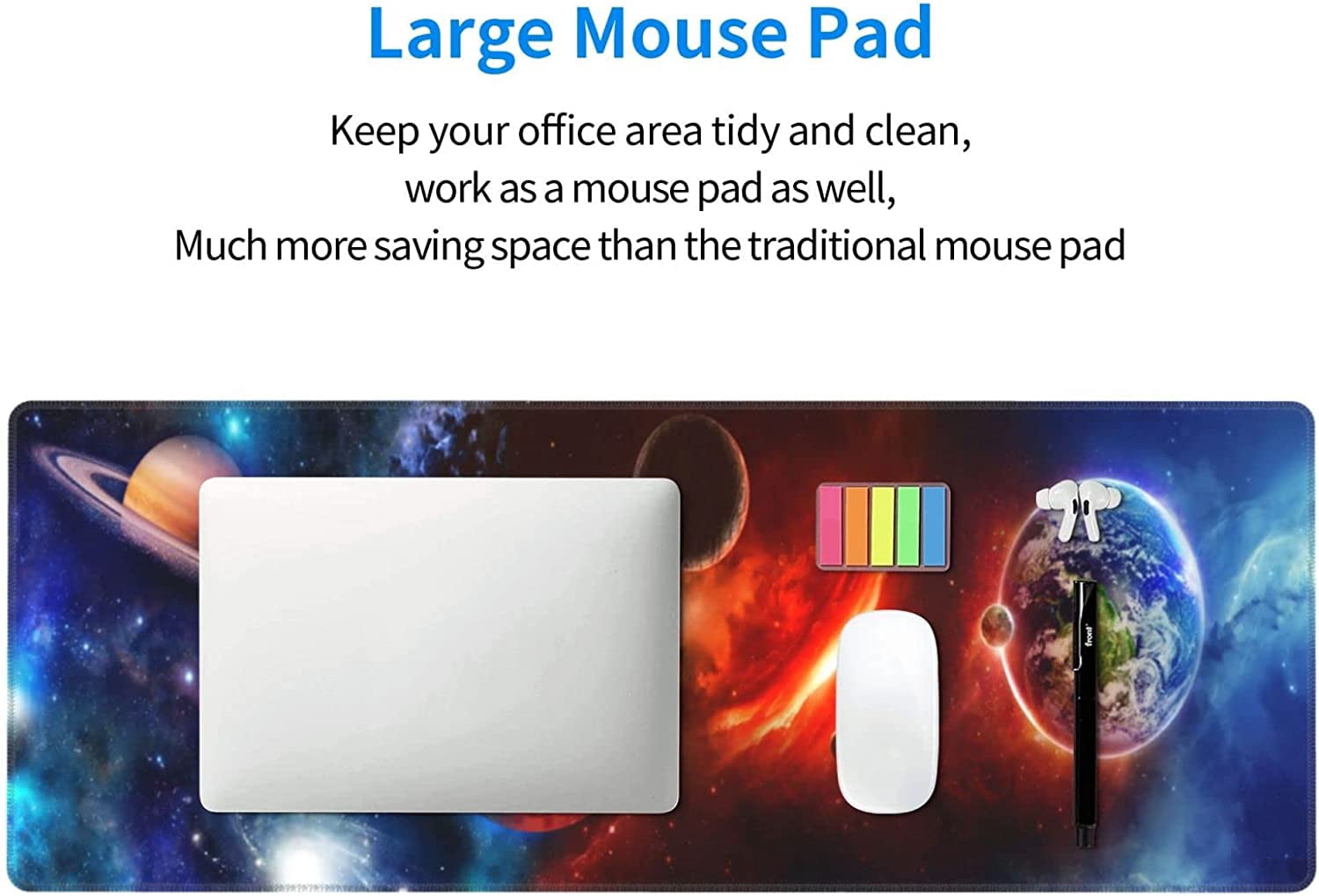 Space Galactic Earth Gaming Mouse Pad XL, Extended Stitched Edges Mousepad, Large Mouse Mat Desk Pad, Long Non-Slip Rubber Base Mice Pad（31.5x12 Inch）