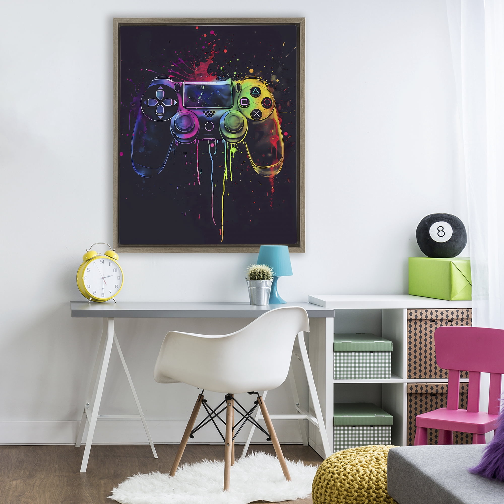 Stupell Industries Rainbow Glow Gaming Controller Brown Framed Floater Canvas Wall Art, design by Creative Studio