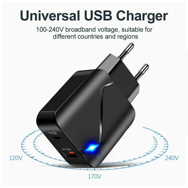 Langgg Phone Charger PD18W QC3.0 USB Quick Charging Adapter EU Plug Plastic Portable Charging Head, Black