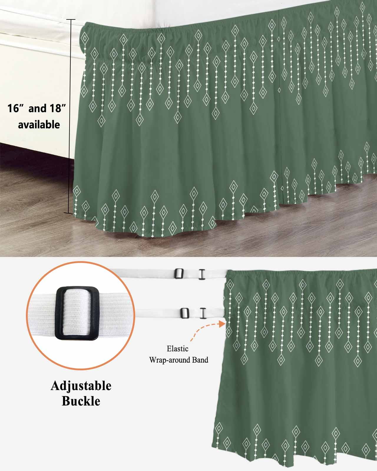 Rhombus Lines Bed Skirt Geometric Boho Green Background Bed Skirts Queen Size 16 Inch Drop, Wrap Around Dust Ruffle&nbsp;Bedskirt with Adjustable Elastic Belt for Queen Size Beds