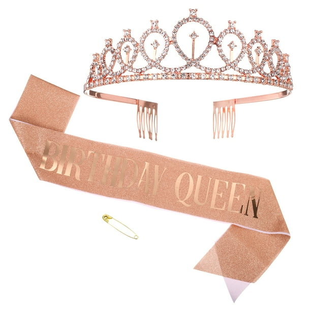 Corona de Cumpleaños, Banda de Cumpleaños y Diadema de Tiara de Cumpleaños Feliz Reina, Oro Rosa