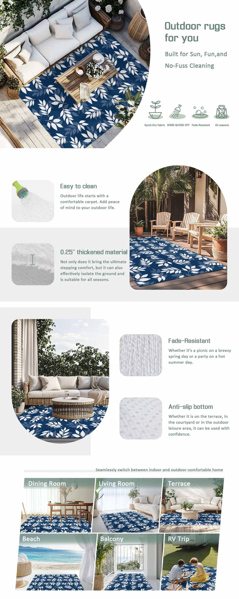 Blue Leaves Outdoor Rug 3x5 Ft - Reversible Patio Rug Outdoor Camping Rugs, Farmhouse Pastoral Spring Leaf Branch Washable Indoor Outdoor Area Rugs, Non-Slip Outdoor Carpet Runner for Deck/Porch