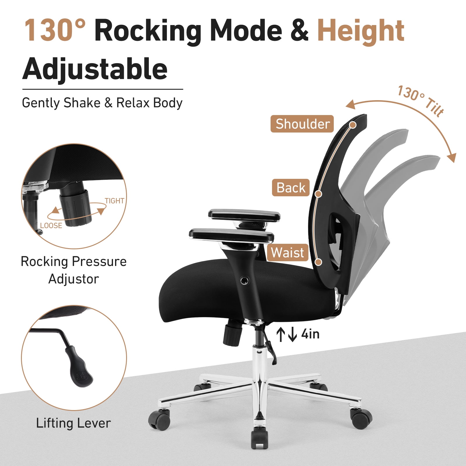 ZUNMOS Ergonomic Office Desk Chair 500lbs, Black Heavy Duty Computer Mesh Chair with Adjustable Armrest, Lumbar Support