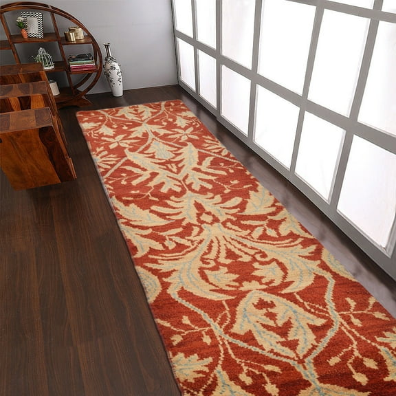 HAND KNOTTED WOOL FLORAL MODERN AREA RUGS - 2'6''x10', Runner Shape, Red Gold Color, Classic Traditional Design, Low Pile Handmade Area Rugs for Living Room, Bed Room (N00925)