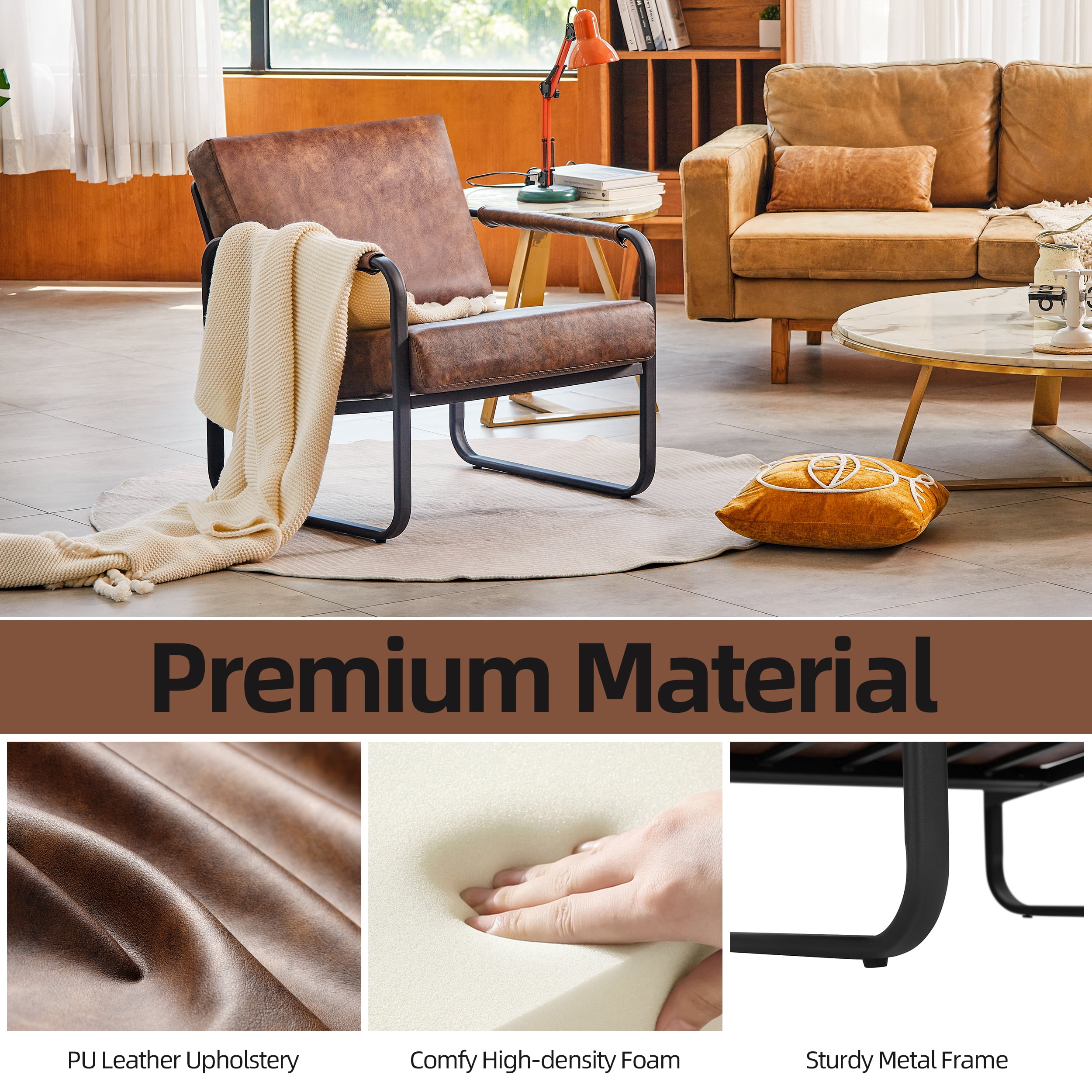 Mid-Century Accent Chair Set of 2 PU Leather Armchair, Retro Accent Chair with Metal Frame Sofa Chair Lounge for Living Room, Brown