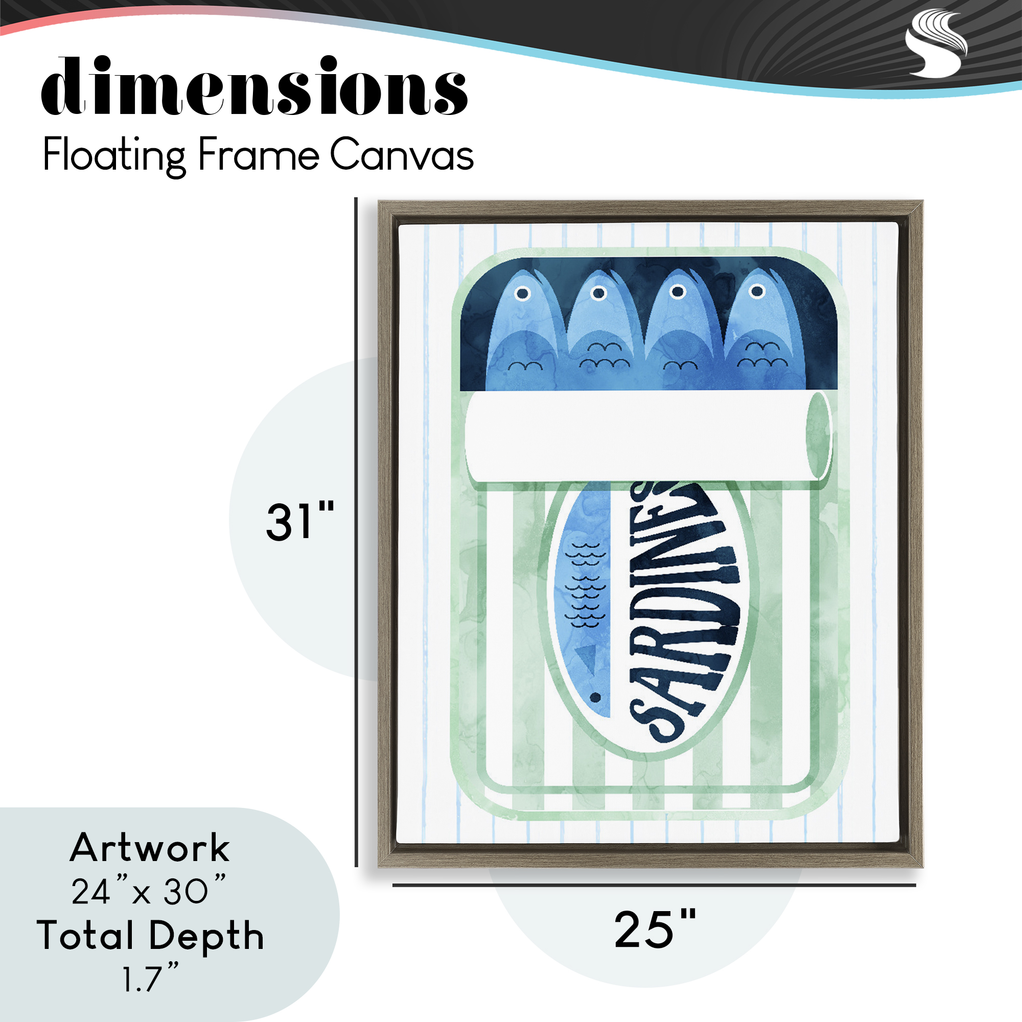 Seafoam Sardine Tin over Stripes Brown Framed Floater Canvas Wall Art, design by Daphne Polselli
