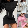 thumbnail image 5 of Women Autumn Puff Long Sleeve Corset Mini Bodycon Dress Glitter Striped Ribbed Elastic Slim Waist Solid Color Sweatshirt Club Streetwear, 5 of 20