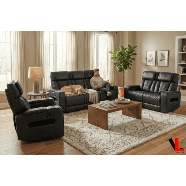 Levoluxe Colton Ensemble de Canapé Inclinable Électrique 3 Pcs, Causeuse et Fauteuil avec Appuie-Tête Électrique, Porte-Gobelets et Rangement en Similicuir Noir Assorti