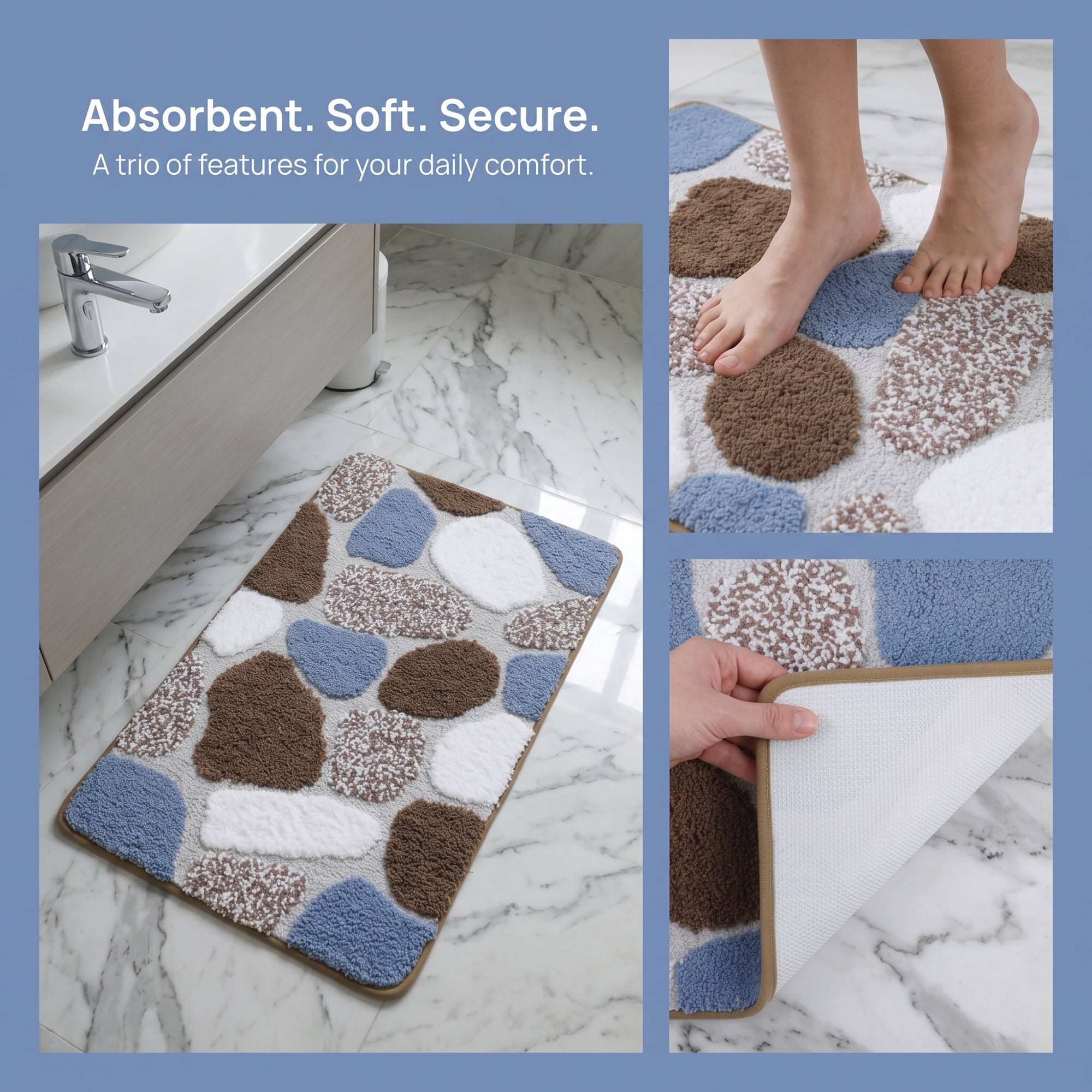 Unique Bargains Absorbent Non-Slip Plush Quick Dry Machine Washable Bath Mat Blue 24"x16"