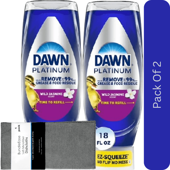 Dawn Platinum EZ-Squeeze Dishwashing Liquid, Wild Jasmine Dish Soap, 18 fl oz with Microfiber Solid Color Dishcloth by BundleEase