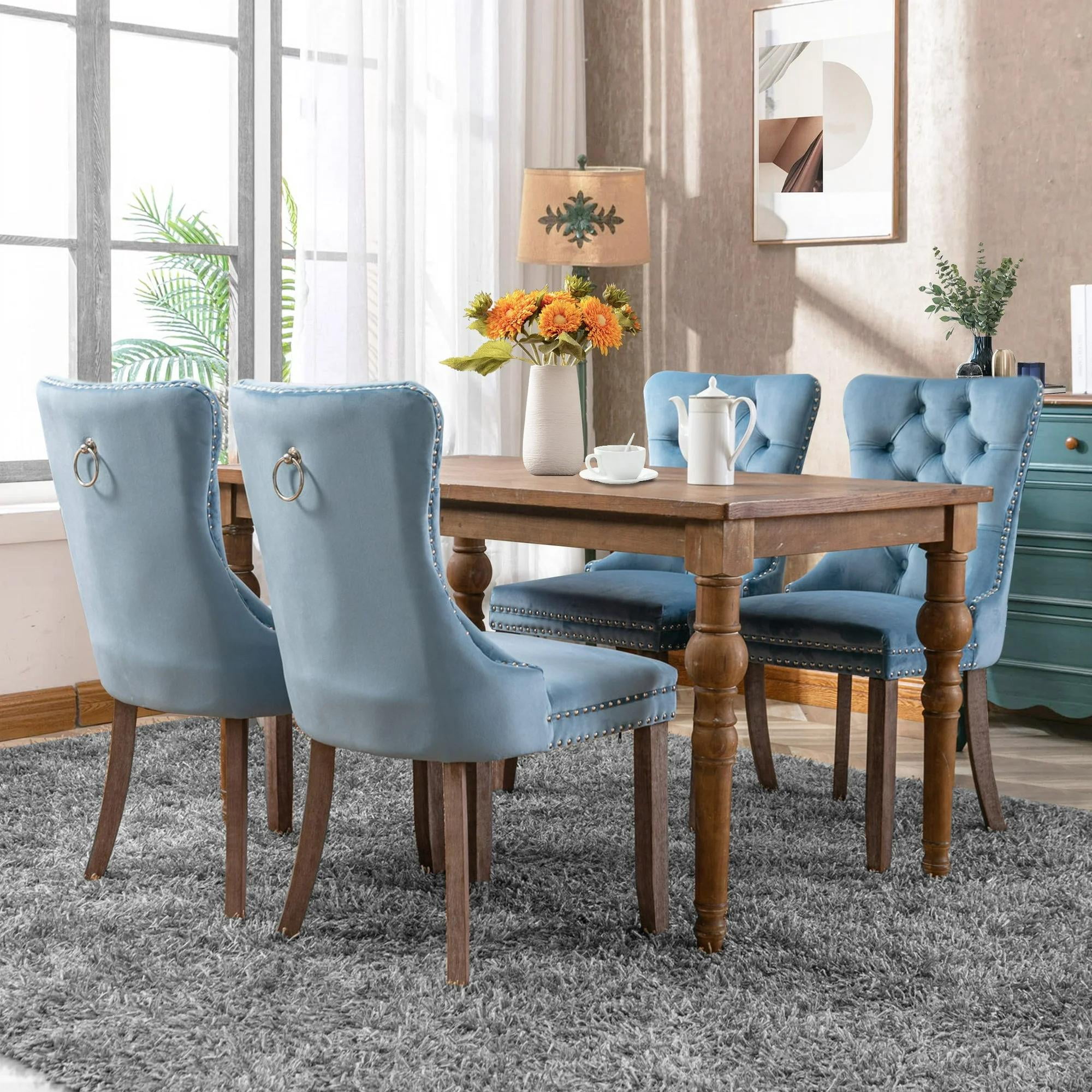 Dining Chairs Set of 2, Upholstered High-End Tufted Dining Room Chair with Back Ring and Nailhead Trim, Modern Velvet Kitchen Chairs with Solid Wood Legs for Kitchen, Home,Light Blue