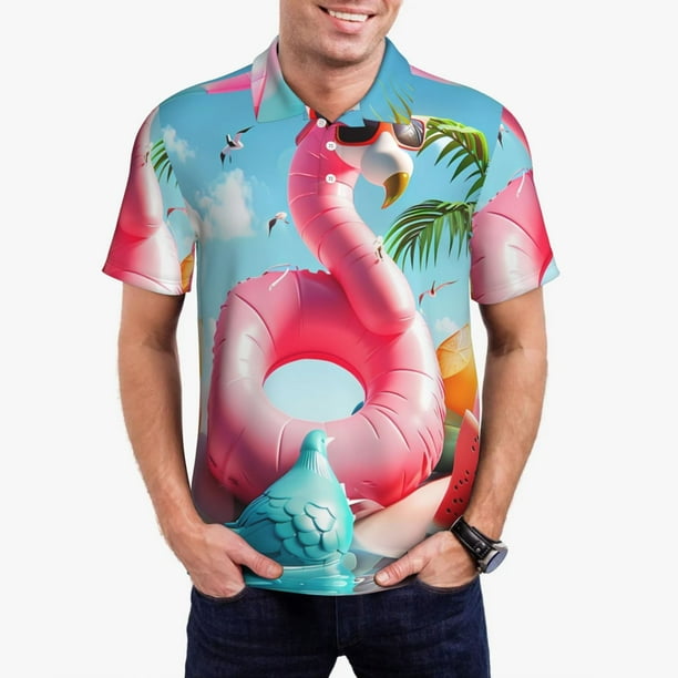 Fotbe Tropical Flamingo Pool Float Camiseta Polo de Golf para Hombre con Estampado – Camisa Deportiva Transpirable con Cuello Abotonado-3X-Large