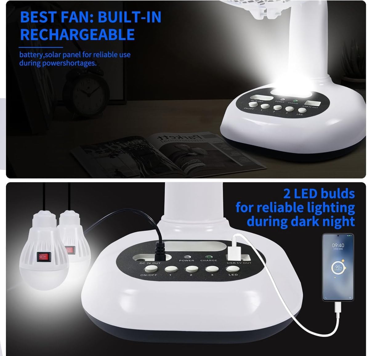 New Rechargeable Fan With solar panel, USB port, night LED light and 2 Free bulbs. Eco-Friendly Cooling