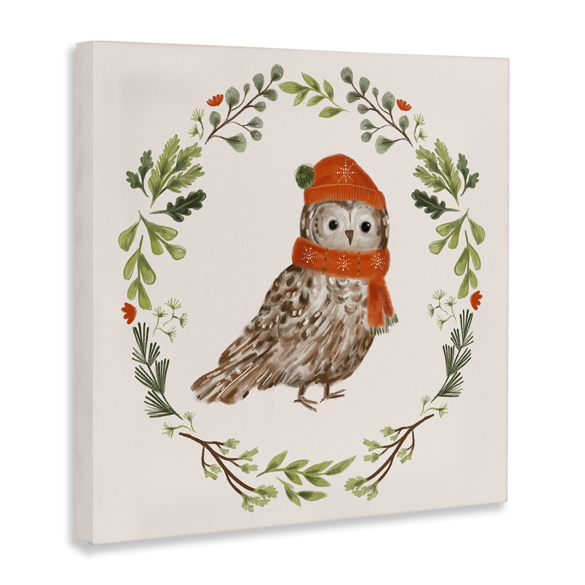 Stupell Industries Holiday Owl Wreaf Holiday Painting Gallery Wrapped Canvas Art Prints Wall Art, 17 x 17