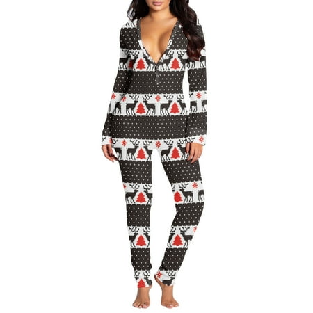 

Women s Christmas Onesie Pajamas Sexy Deep V Neck Butt Flap Comfy Bodysuit Long Sleeve One Piece Jumpsuit Rompers PJs