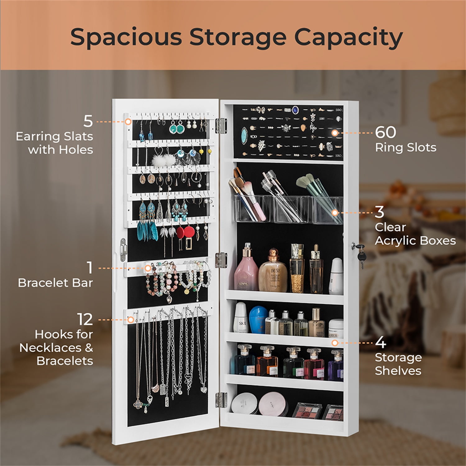 Kadyn Jewelry Cabinet, Mirrored Jewelry Organizer Storage Box, Makeup Organizer for Women, Jewelry Holder, White Kadyn Jewelry Cabinet, Mirrored Jewelry Organizer Storage Box, Makeup Organizer for Women, Jewelry Holder, White