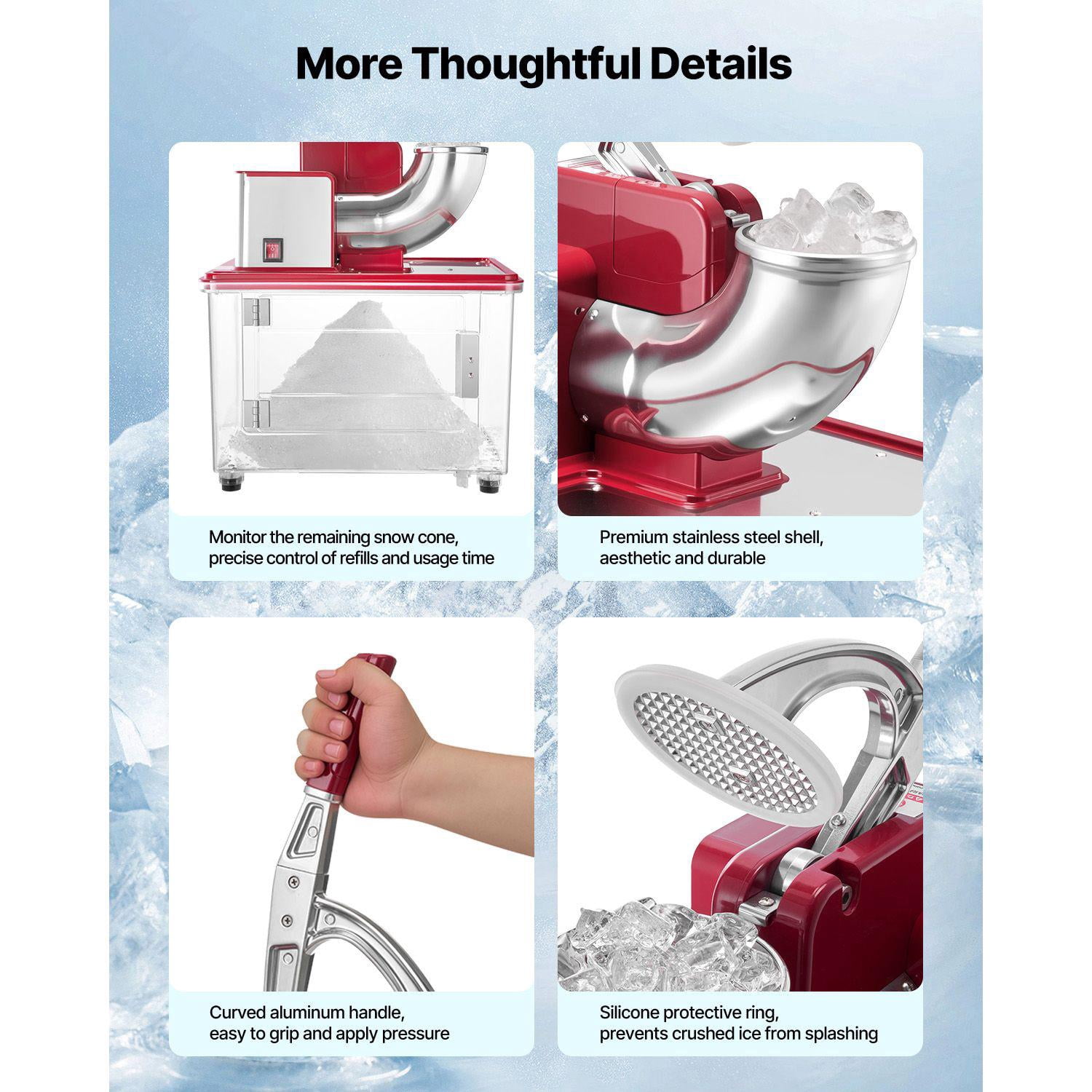 Commercial Ice Crusher 661 lbs per Hour 350W Electric Snow Cone Machine 4 Blades 2000 RPM Stainless Steel Ice Shaver with 11 Gallon Crushing Refrigerator for Home Restaurant Bar Red