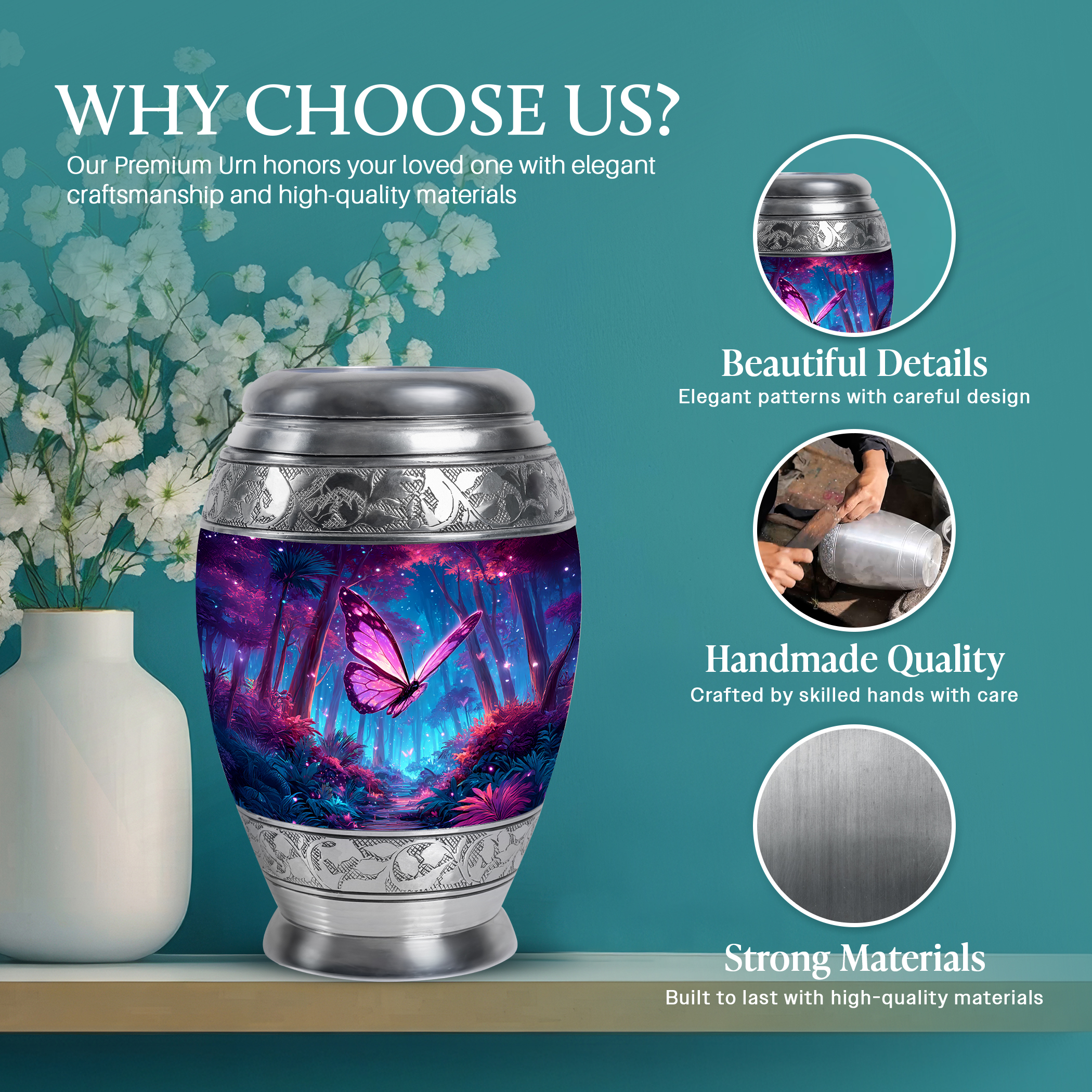 SABURIAL Butterfly Ash Burials for Human Ashes - Large Cremation Urns - 10 Inch - Large with Velvet Bag - Decorative Urns for Human - Memorial Urn for Adult - Funeral Urn for Adult Men & Women