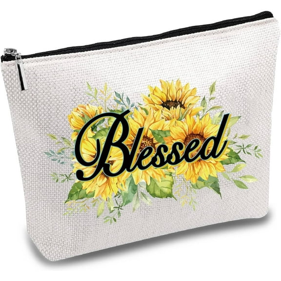 Custom Polycotton Canvas Stroage Bags Metal Zipper Pouches Rectangle Sunflower Pattern 18x25cm