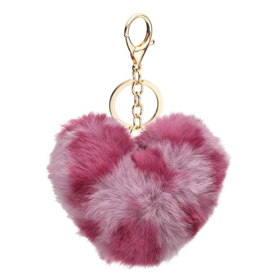 Uxcell Pom Pom Keychain, 10 cm Soft Cute Fluffy Heart Key Ring, Leopard Pink-Purple