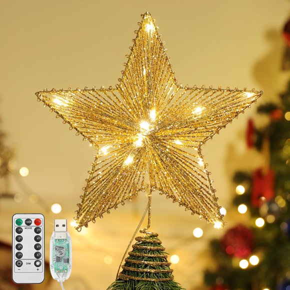 Lewondr Christmas Star Tree Topper, Battery Powered Tree Star with Lights and Sequins, Christmas Tree Topper Lighted for Home Holiday Xmas Tree Christmas Decoration, Illuminating Gold