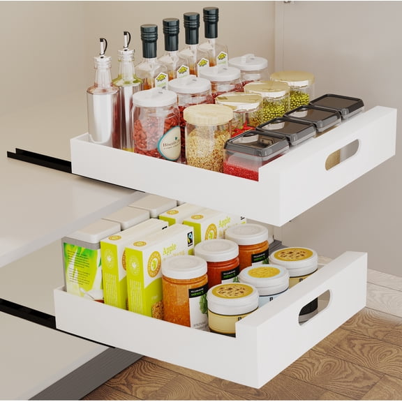 Pull Out Cabinet Organizer, 17.3" W x 16.3" D Adhesive Slide Out Drawer for Kitchen Base Cabinets, No Drill Large Pantry Shelf, Heavy Duty Metal Storage for Pots & Pans, White