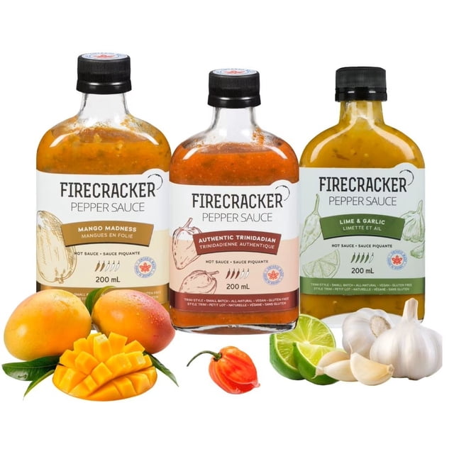 Firecracker Pepper Sauce Bright & Bold Trio 3 Pack Kit - Mango Madness 200ml, Authentic Trinidadian 200ml, Lime & Garlic 200ml