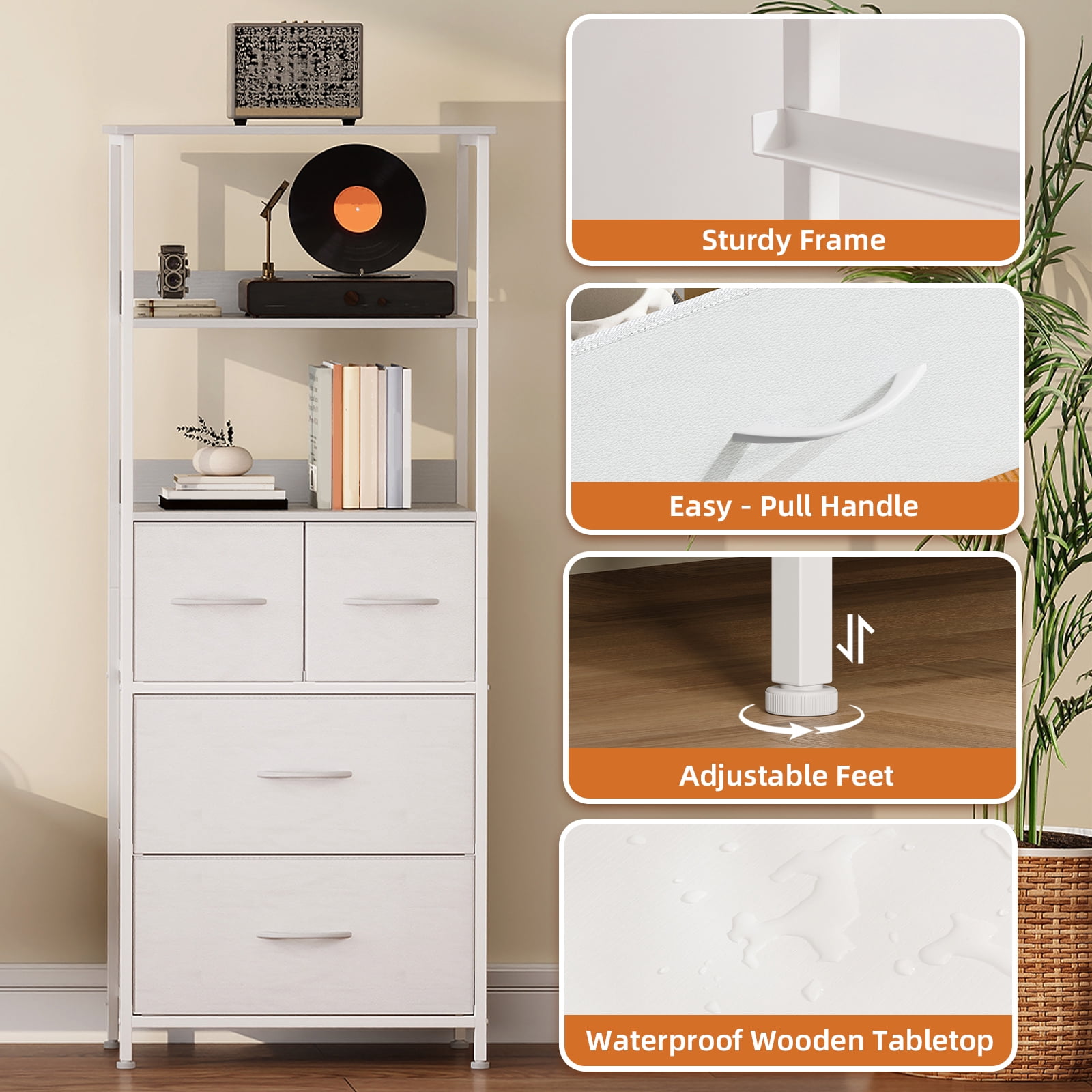 Eunos 6 Tier White Tall Bookcase with Drawers, 4 Removable Drawer Ladder Bookshelf, Bedroom Study