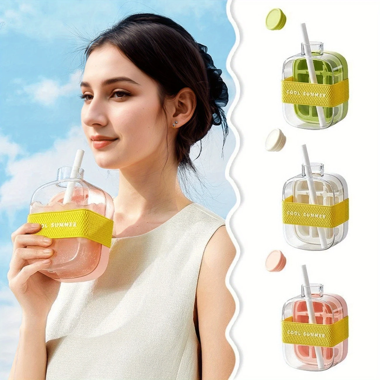 2-in-1 Press Type Cooling Cup Water Bottle with Ice Mold, No Touch Ice Maker with Lid for Whiskey, Cocktails, Reusable and Portable