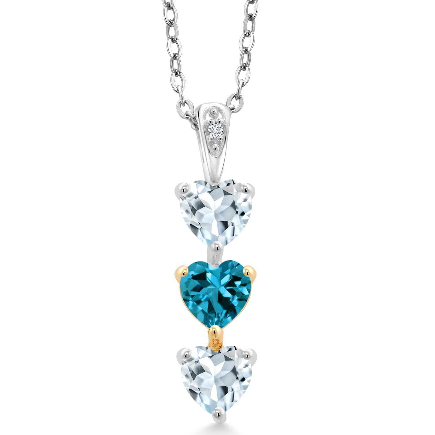 Gem Stone King Keren Hanan Lab Grown Diamond 3 Stone Heart Shape Pendant Necklace with Chain 1.39 Ct Sky Blue Aquamarine London Blue Topaz 925 Silver and 10K Yellow Gold
