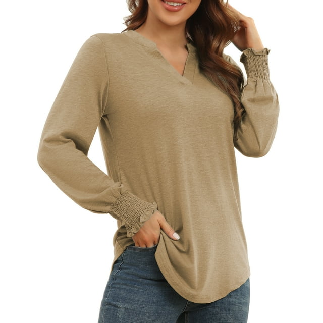 Mujer Muesca Cuello En V Top Fruncido Manga Larga Moda Casual Camisa Suelta Para Citas Oficina Albaricoque S