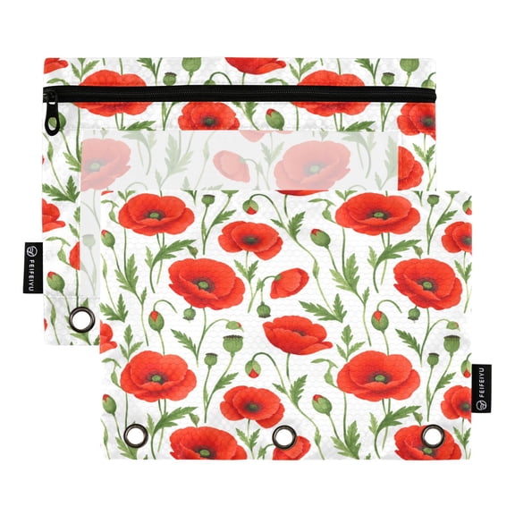 2 Pack 3 Ring Binder Pouch with Clear PVC Window Water Resistant Zipper Pencil Pouch Vibrant Red Poppy Artwork Binder Pocket for Classroom Office Home Stationery Organization