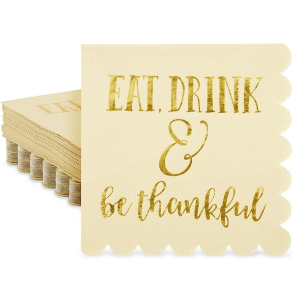 BLUE PANDA Cocktail Napkins Party Supplies Table Decorations, Eat Drink and Be Thankful (5 x 5 In), Pack of 50
