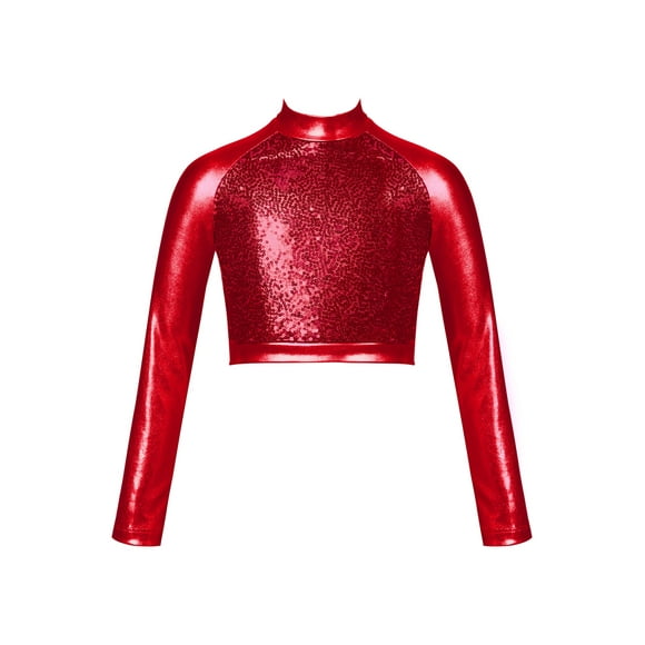 inhzoy Kids Girls Shiny Sequin Metallic Dance Top Long Sleeve Fully Lined Dance Shirt for Stage Performance Red 14